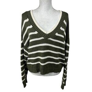 American Eagle Women's L Boxy Fit Sweater Olive Creme‎ Striped